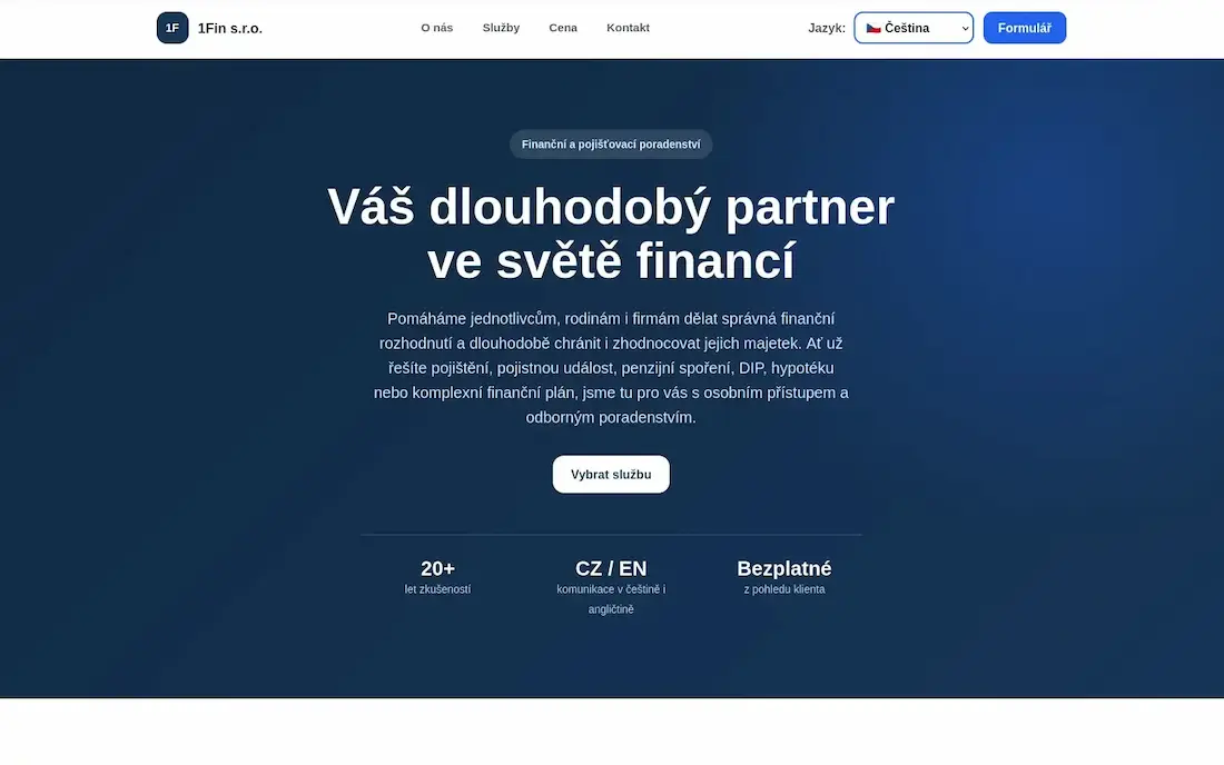 Ukázka moderního prezentačního webu 1fin.cz pro finanční poradenství s důrazem na konverzi a přehlednou strukturu