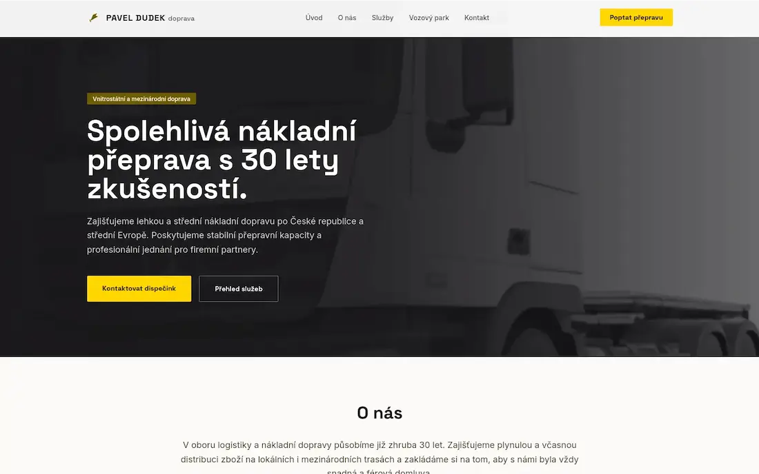 Koncept webu pro autodopravu Pavel Dudek - Doprava